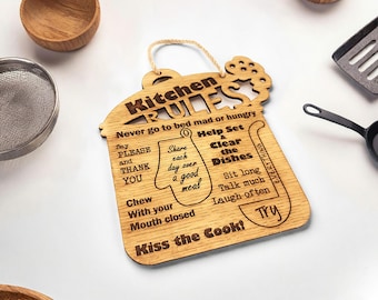 Rustic Kitchen Rules Sign: Engraved Wood Family Wall Art