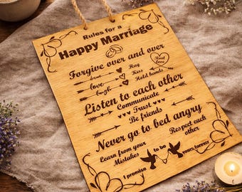 Letrero de madera grabado con las reglas del matrimonio, regalo rústico para bodas.