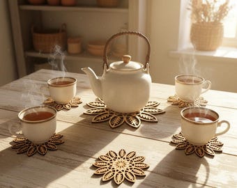 Laser Cut Flower Coaster Set of 4: Wooden Drinkware Table Mat with Holder