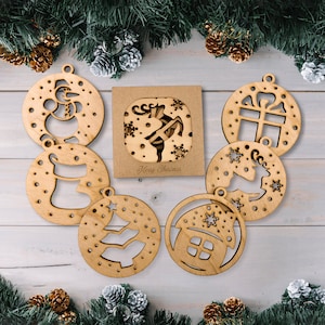Christmas Ornaments for Xmas Tree, Laser Cut Christmas Tree Hanging Bauble Toy Set of 6, Wooden Holiday Decoration with Winter Accent