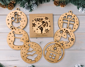 Christmas Ornaments for Xmas Tree, Laser Cut Christmas Tree Hanging Bauble Toy Set of 6, Wooden Holiday Decoration with Winter Accent
