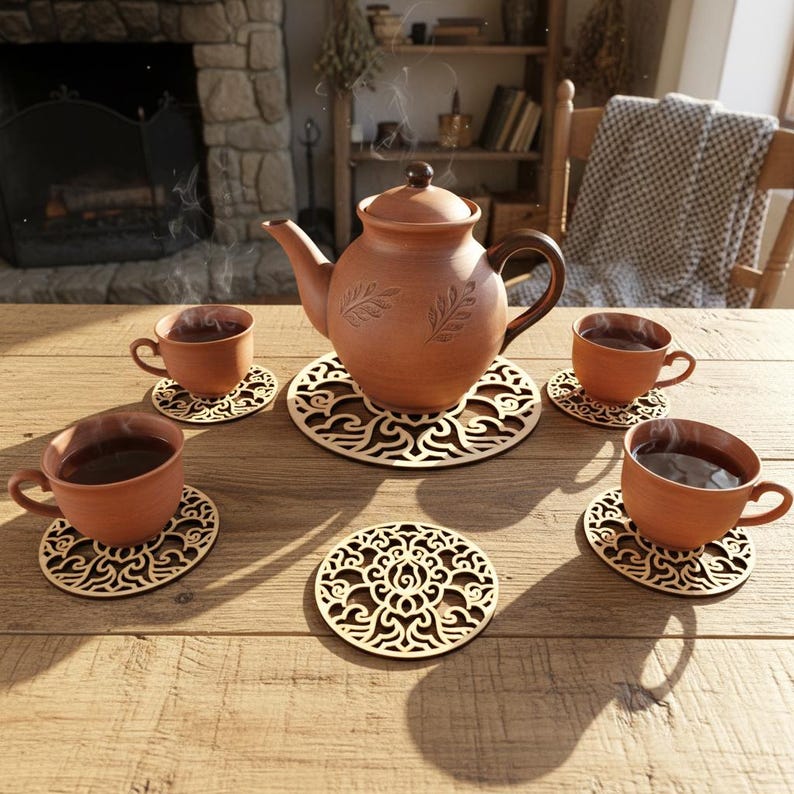 5 wooden coasters and one big coaster are placed on the table. Teacups are placed on 4 coasters and a kettle is placed on a big coaster. The laser cut coaster are cut with floral motifs.