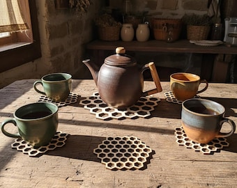 Honeycomb Bee Coaster Set of 4: Geometric Laser Cut Wooden Drink Mats