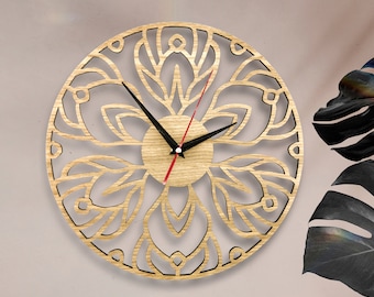 Laser Cut Flower Wall Clock, Wooden Floral Mandala - Botanical Wall Art, Rustic Hanging Home Decor: Oak/Walnut Timepiece 30cm/12" ( 19")