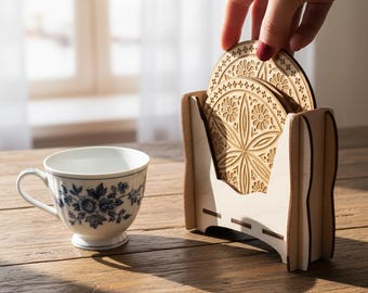 Engraved Folk Art Coasters: Rustic Wood Drinkware Mats, Set of 4
