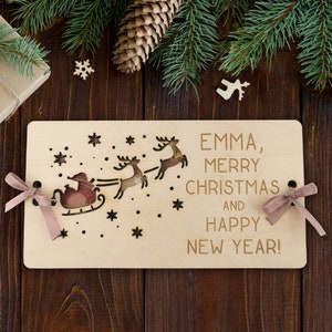 Christmas Money Gift: Custom Money Card of Wood, Rustic Cash Envelope for Xmas Present, Personalized Name Engraved Money Holder