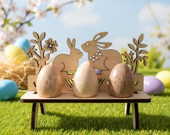 Soporte para huevos de Pascua de madera cortado con láser: soporte rústico para conejito, centro de mesa