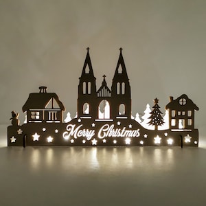Christmas Village Houses Decoration, Rustic Winter Town Lights Figure, Laser Cut Wood Holiday Ornament, Xmas Church Scene Gift for Parents