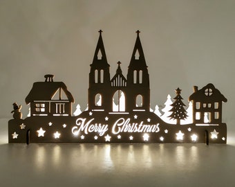 Christmas Village Houses Decoration, Rustic Winter Town Light Figure, Laser Cut Holiday Ornament of Wood, Xmas Church Scene Gift for Parents