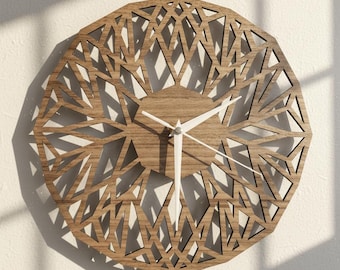 Geometric Wood Wall Clock: Rustic Modern Laser Cut Oak Hanging Decor