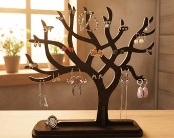 Expositor de pendientes elegante: organizador de joyas rústico de madera con forma de árbol.