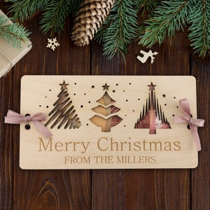 Aangepaste kerstgeldkaart, kerstboomversiering vakantiegeldhouder, gepersonaliseerde gegraveerde contante geschenkdoos, houten kerstbonuscadeau