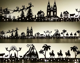 Christmas Mantel Ornament Set, Wooden Xmas Story Village Houses LED Light Decoration, Rustic Winter Holiday Laser Cut Scene: Home Decor Gift