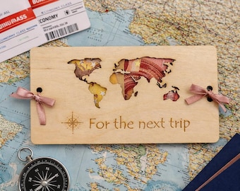 Engraved Wooden Birthday Money Gift Card: World Map Travel Cash Holder