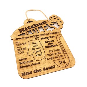 Kitchen Rules Engraved Sign, Rustic Wood Kitchen Decor Family Rules