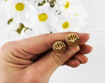 Engraved Lotus Flower Wood Stud Earrings: Rustic Mandala Jewelry