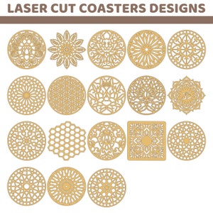 Wooden laser cut coasters designs in our shop.