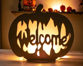 Halloween Pumpkin Tea Light Candle Holder: Wooden Welcome Autumn Lantern