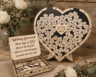 Libro de firmas de boda alternativo - Caja con forma de corazón: Recuerdo rústico personalizado