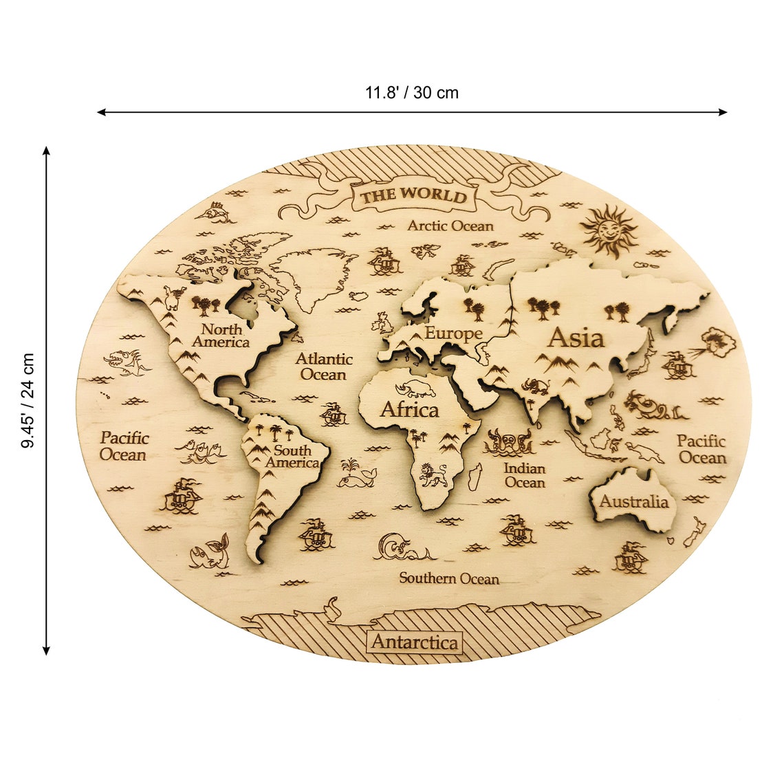 Puzzle carte du monde en bois : jouet éducatif Montessori continents et ...