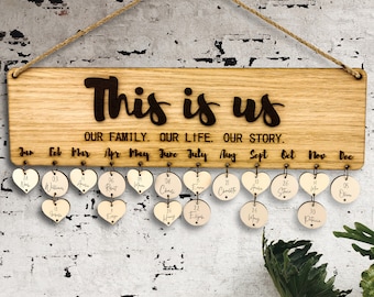 This is us Sign - Family Celebration Board, Wooden Birthday Calendar Hanging Wall Decor, Birth Dates Reminder: Home Interior Gift