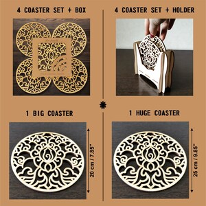 Available for purchase:
A set of 4 laser cut coasters with a cardboard box;
A set of 4 laser cut coasters with a wooden coaster holder;
1 big coaster - dimensions 20 cm / 7.85 inch;
1 huge coaster - dimensions 25 cm / 9.85 inch.
