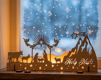 Laser Cut Wood Nativity Scene: Christmas Eve Lighted Ornament
