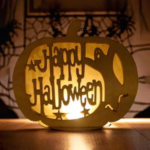 Halloween Candle Tealight Holder, Wooden Pumpkin Jack O Lanterns, Horror Decoration Rustic Home Ornament, Laser Cut Ghost Spooky Gift
