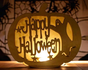 Wooden Pumpkin Tealight Holder: Laser Cut Halloween Ghost Candle Lantern