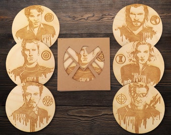 Avengers Decor Engraved Wood Coasters, Superhero Set of 6 Rustic Drink Mat: Captain America - Thor - Iron Man -Hulk - Hawkeye - Black Widow
