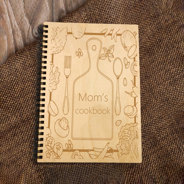 Personalisiertes Mom Kochbuch, Rezeptbuch mit individuellem Namen, A5 Spiralblock aus Holz mit Gravur, Mom Blank Rezeptbuch, Familiengeschenk