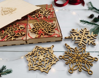 Wooden Snowflake Xmas Decoration, Christmas Tree Ornament Set of 16 Rustic Toys, Laser Cut Winter Art, 'Let it Snow' Figures Holiday Gift