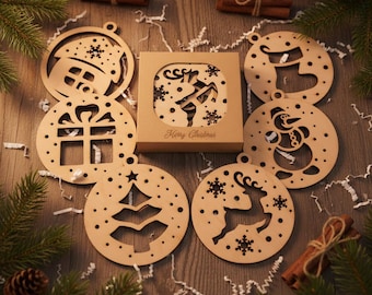 Laser Cut Wooden Christmas Tree Ornaments: Rustic Holiday Decor, Set of 6