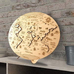 Rompecabezas de mapa del mundo - Juguete Montessori de madera, juego geográfico grabado con continentes y océanos para niños y adultos, decoración rústica para el hogar, regalo educativo