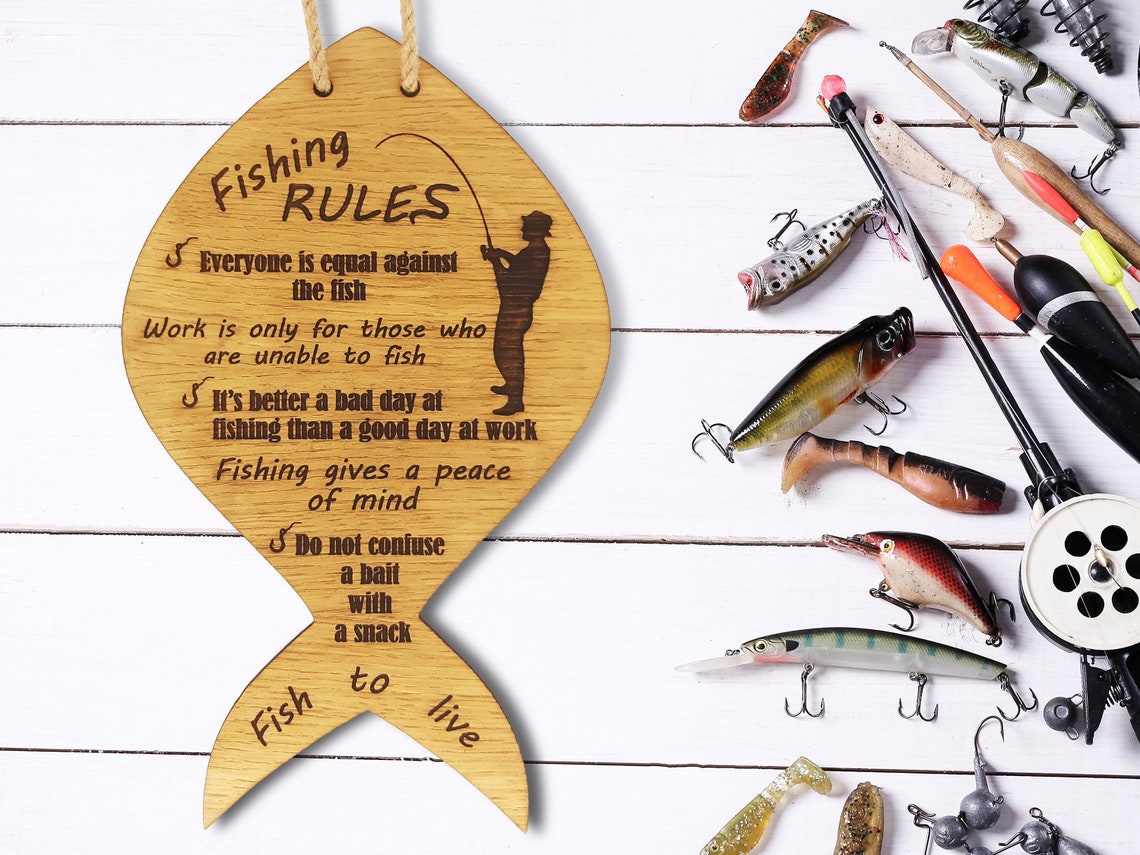 Fishing Rules Sign of Wood Rustic Cabin Decor Engraved Fish Etsy