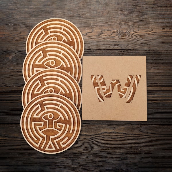 Westworld Maze Engraved Coaster of Wood, Kitchen Placemat Kits Set of 4 Drink Table Mat, TV Show Ornament - Practical Gift for Friend, Dad