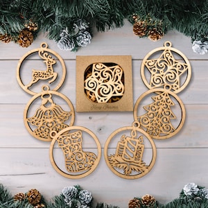 Wooden Christmas Tree Ornament Set of 6 Xmas Decoration, Laser Cut Holiday Bauble Toy - Rustic Home Decor, Winter Ball Gift for Kid/Adult