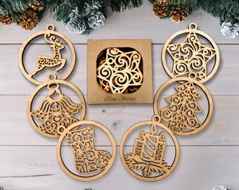 Wooden Christmas Tree Ornament Set of 6 Xmas Decoration, Laser Cut Holiday Bauble Toy - Rustic Home Decor, Winter Ball Gift for Kid/Adult