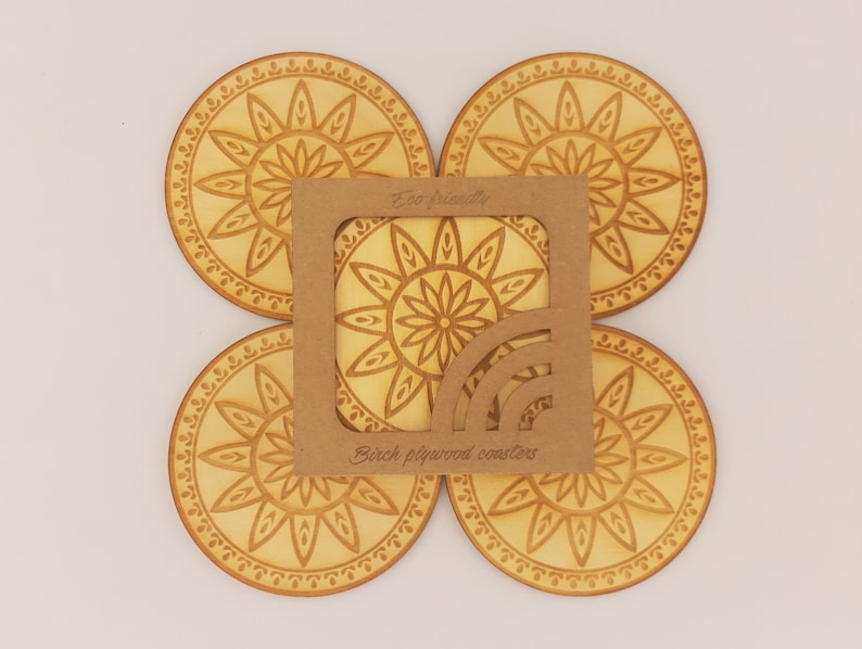 Table mat Round coasters Set of 4 coasters Housewarming gift Drink coasters Kitchen accessories Engraved coaster Wooden coaster set