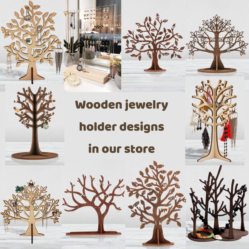 Wooden jewelry holder tree designs in our store.