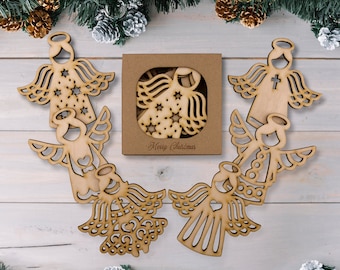 Ornamento di angelo in legno per albero di Natale, set di 6 decorazioni da appendere per le vacanze invernali, figura di angelo tagliato al laser - regalo di inaugurazione della casa