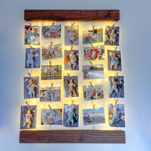 Colgador de fotos personalizado de madera con luces LED: Decoración rústica de pared de nogal
