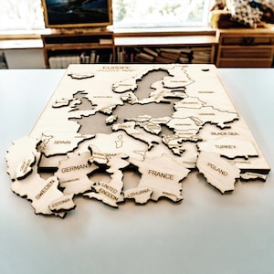 Map of Europe Wooden Puzzle, Engraved Continent Educational Toy, Laser cut Learn Geography Game, Home Office Room Decor Gift for Teacher