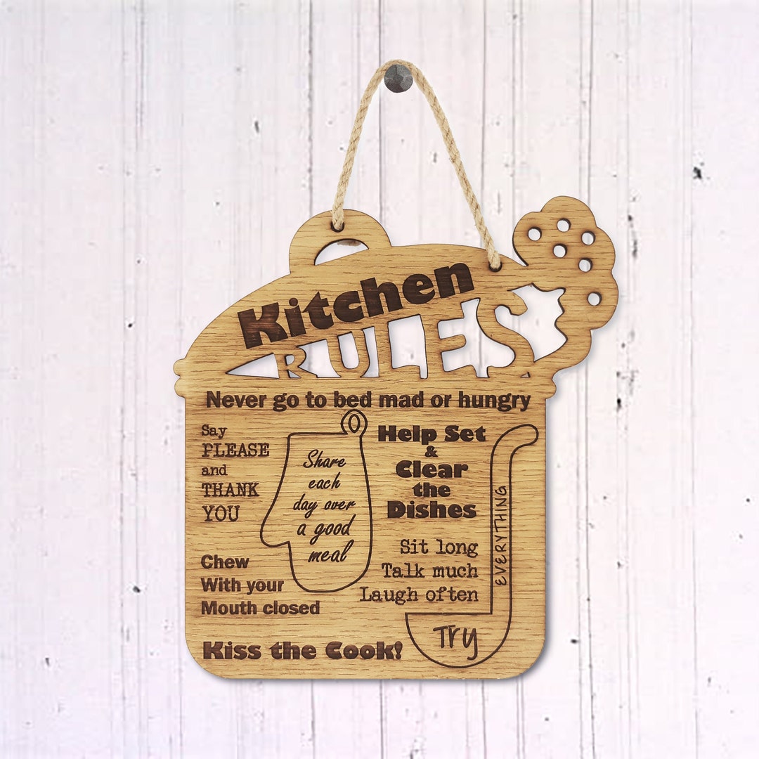 Kitchen Rules Engraved Sign, Rustic Wood Kitchen Decor Family Rules