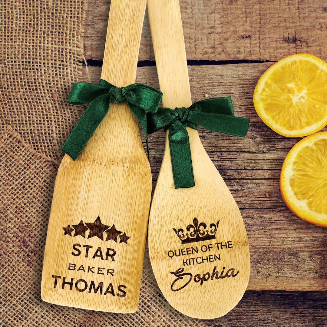Custom Engraved Wooden Spoon and Spatula Set, Personalized Kitchen Cooking Accessories, Bamboo