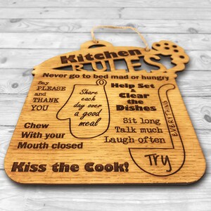 Kitchen Rules Engraved Sign, Rustic Wood Kitchen Decor Family Rules