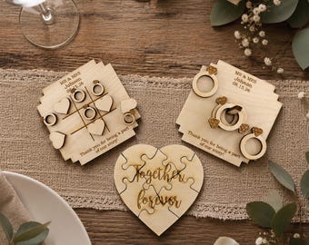 Juegos de mesa personalizados para bodas: Tres en raya, rompecabezas de corazones, lanzamiento de aros - Actividades de madera para invitados, juego de 3