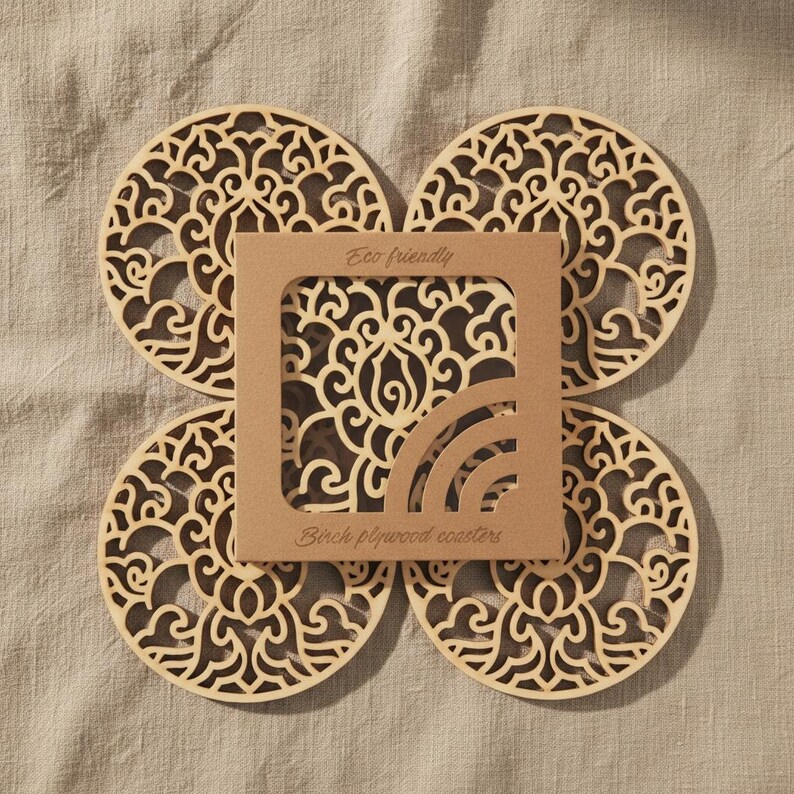 A set of wooden laser-cut coasters in a cardboard box. Placemats are cut out with floral motifs. The set includes 4 round coasters.