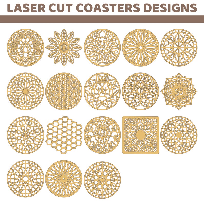 Wooden laser cut coasters designs in our shop.