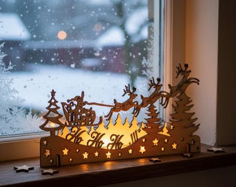 Laser Cut Wooden Deer Christmas Ornament: Rustic Santa Sleigh Scene with Lighting